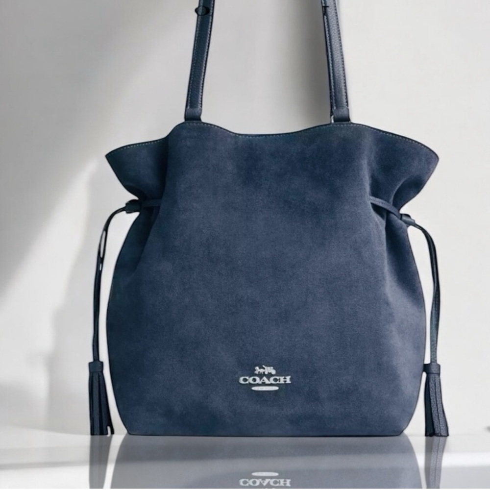 COACH Andy Suede and Pebble Leather Tassel Cinch Tote in Denim Blue NWT - Picture 4 of 12
